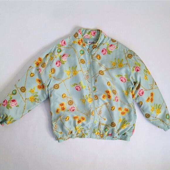 Vtg 90s Avon Style Floral Chain Print Silk Track Jacket Windbreaker Pastel Retro - Picture 1 of 14